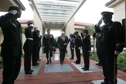 Vice President Dick Cheney walks with General Doug Brown, Commander, Special Operations Command, during a visit to U.S. Special Operations Command headquarters at MacDill Air Force Base in Tampa, Fla., Friday, June 10, 2005. White House photo by David Bohrer