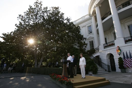 President George W. Bush and Mrs. Bush address their guests at the Congressional Picnic on the South Lawn Wednesday, June 15, 2005. White House photo by Paul Morse