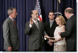 President George W. Bush attends the swearing-in ceremony for Dr. Ben Bernanke as the Chairman of the Council of Economic Advisors in the Dwight D. Eisenhower Executive Office Building Tuesday, June 21, 2005.  White House photo by Paul Morse