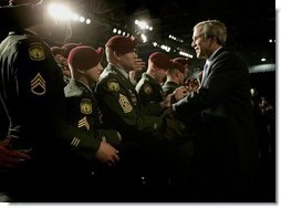 President George W. Bush greets soldiers after delivering remarks on the war on terror at Fort Bragg, North Carolina, Tuesday, June 28, 2005.  White House photo by Eric Draper