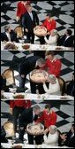 Pictured in this 3-picture combination, President George W. Bush has a little birthday fun with a cake presented to him for his 59th birthday by Her Majesty Queen Margrethe II of Denmark at Fredensborg Palace Wednesday, July 6, 2005. White House photo by Eric Draper