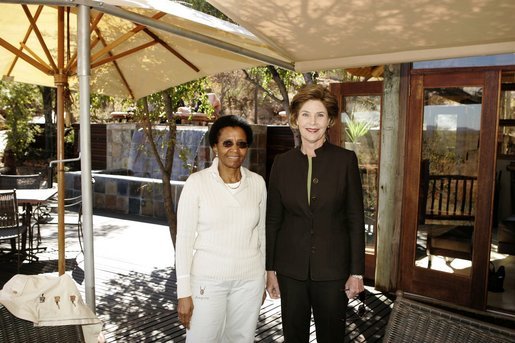 Laura Bush meets with Mrs. Zanele Mbeki, wife of South African President Thabo Mbeki Monday, July 11, 2005, at the Etali Lodge in the Madikwe Game Reserve in South Africa. White House photo by Krisanne Johnson