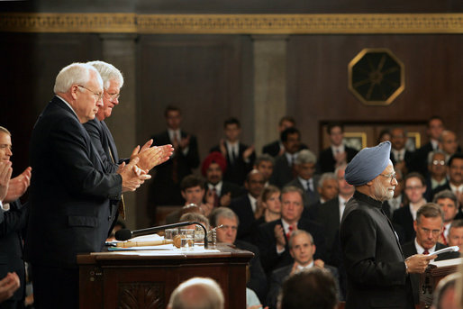 Vice President Dick Cheney and Speaker of the House Dennis Hastert applaud Prime Minister Dr. Manmohan Singh of India after he addresses a Joint Meeting of Congress at the U.S. Capitol Tuesday, July 19, 2005. White House photo by David Bohrer