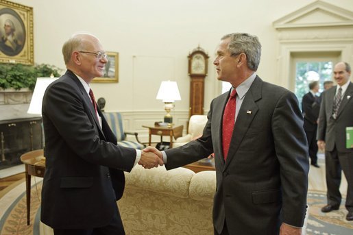 President George W. Bush welcomes U.S. Ambassador to Afghanistan Ronald Neumann to the Oval Office July 20, 2005. White House photo by Paul Morse
