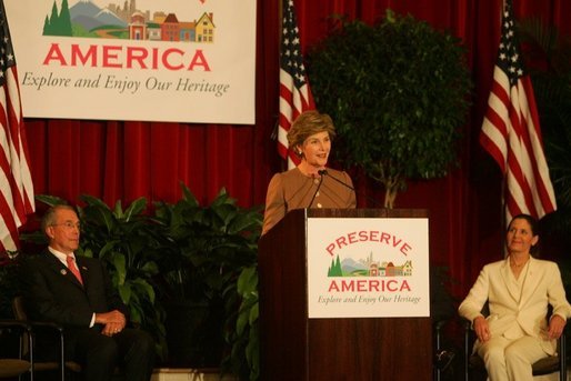 Laura Bush addresses an audience July 26, 2005 at a Preserve America neighborhoods event at the East Literature Magnet School in Nashville, Tennessee. White House photo by Krisanne Johnson