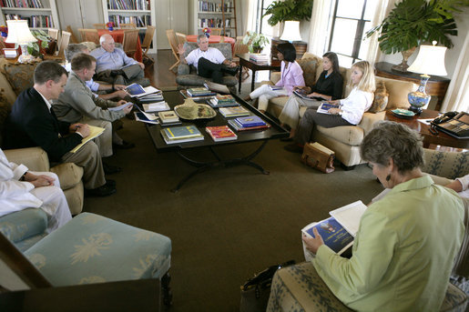 President George W. Bush meets with Secretary of State Condoleezza Rice and the Foreign Policy Team at his ranch in Crawford, Texas, Thursday, August 11, 2005. White House photo by Eric Draper