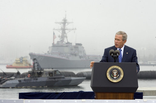President George W. Bush speaks during a ceremony to commemorate the 60th anniversary of V-J Day at the Naval Air Station in San Diego, Calif., August 30, 2005. White House photo by Paul Morse