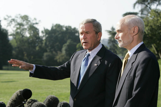 President George W. Bush and Secretary Michael Chertoff of the Department of Homeland Security, brief the media Friday, Sept. 2, 2005, on disaster relief in the wake of Hurricane Katrina. The President left the White House afterwards to fly to the stricken area. White House photo by Paul Morse