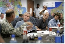 President George W. Bush receives a briefing from U.S. Army Lt. General Russel Honore, left, inside the Emergency Operations Center in Baton Rouge, La., Monday Sept. 5, 2005, as Homeland Security Secretary Michael Chertoff, second from right, and Louisiana Governor Kathleen Blanco, right, join the meeting. White House photo by Eric Draper