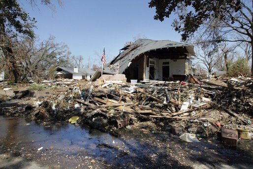 A house located in a Gulfport, Mississippi neighborhood was destroyed by the effects of Hurricane Katrina in the flood ravaged areas Thursday, September 8, 2005. The hurricane hit both Louisiana and Mississippi ten days prior, Monday, August 29th. White House photo by David Bohrer