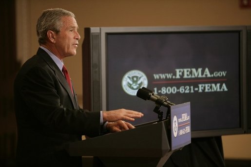 President George W. Bush outlines further assistance to victims of Hurricane Katrina, Thursday, Sept. 8, 2005 in the Eisenhower Executive Office Building in Washington. White House photo by Eric Draper