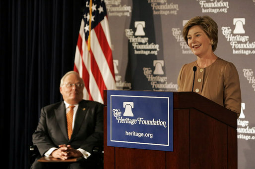 Laura Bush delivers remarks at the Heritage Foundation in New York Wednesday, Sept. 13, 2005. White House photo by Krisanne Johnson