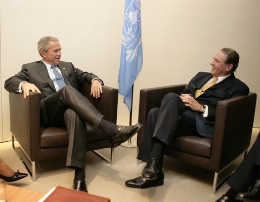 President George W. Bush meets with Jan Eliasson of Sweden, President of the U.N. General Assembly, Tuesday, Sept. 13, 2005, at the United Nations in New York. White House photo by Eric Draper