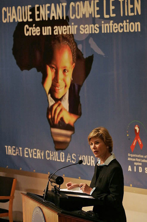 Laura Bush addresses the Organization of African First Ladies Against HIV/AIDS in New York Thursday, Sept. 15, 2005. "I want you to know how encouraged I am by your strategy to reach out to adults, to appeal to the conscience of adults, to make sure they can protect children, and that everyone is united, all adults worldwide, united to protect children from HIV/AIDS, and from any other risky behavior that we want children to avoid," said Mrs. Bush in her remarks. White House photo by Krisanne Johnson