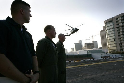 President George W. Bush aboard Marine One lands on the deck of the USS Iwo Jima during his arrival in New Orleans, La., Thursday, Sept. 15, 2005. White House photo by Eric Draper