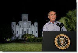 President George W. Bush delivers remarks on hurricane recovery efforts during an Address to the Nation in Jackson Square in New Orleans, La., Thursday, Sept. 15, 2005.  White House photo by Eric Draper