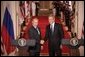 President George W. Bush and Russian President Vladimir Putin shake hands at the conclusion of their joint news conference in the East Room of the White House, Friday, Sept. 16, 2005 in Washington. White House photo by Eric Draper