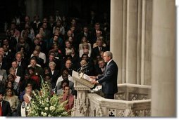 President George W. Bush speaks during the National Day of Prayer and Remembrance Service at the Washington National Cathedral in Washington, D.C., Friday, Sept. 16, 2005.  White House photo by Krisanne Johnson