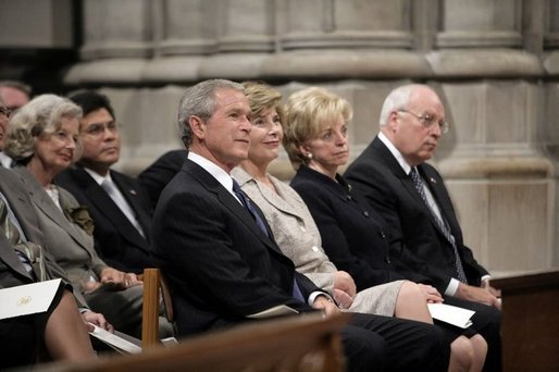 President George W. Bush, Laura Bush, Lynne Cheney and Vice President Cheney attend the National Day of Prayer and Remembrance Service at the Washington National Cathedral in Washington, D.C., Friday, Sept. 16, 2005. White House photo by Eric Draper