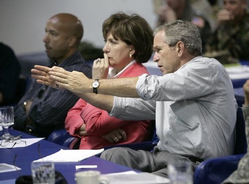 President George W. Bush gestures as he participates in a briefing on Hurricane Rita, Tuesday, Sept. 20, 2005, aboard the USS Iwo Jima in New Orleans, La., with Louisiana Governor Kathleen Blanco and New Orleans Mayor Ray Nagin. White House photo by Eric Draper