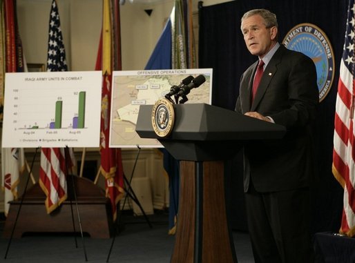 President George W. Bush delivers a statement Thursday, Sept. 22, 2005, on the War on Terror during a visit to the Pentagon. President Bush also thanked the leadership of the Pentagon for their help in the aftermath of Hurricane Katrina. White House photo by Eric Draper