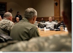 President George W. Bush participates in a briefing with the Joint Task Force on Hurricane Rita at Randolph Air Force Base, Texas, Sunday, Sept. 25, 2005.  White House photo by Eric Draper