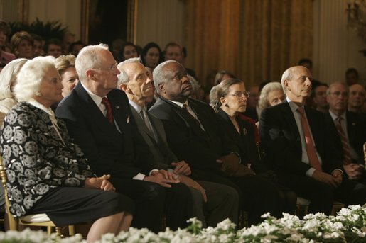 Associate Justices of the U.S. Supreme Court are in attendance Thursday, Sept. 29, 2005, during swearing-in ceremonies for Chief Justice John G. Roberts. From left are: Justice Sandra Day O'Connor; Justice Anthony Kennedy; Justice David H. Souter; Justice Clarence Thomas; Justice Ruth Bader Ginsburg and Justice Stephen G. Breyer. White House photo by Krisanne Johnson