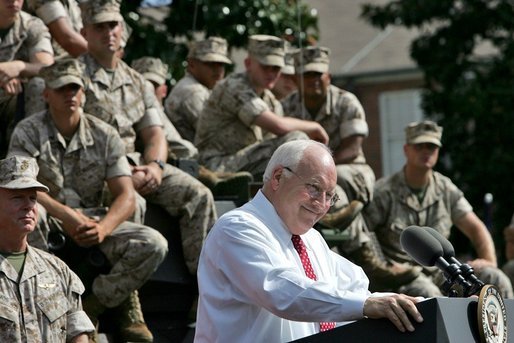 Vice President Dick Cheney addresses an estimated crowd of 4,500 Marines during a rally at Camp Lejeune in Jacksonville, NC, Monday, October 3, 2005. White House photo by David Bohrer