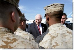 Vice President Dick Cheney shakes hands with U.S. Marine and Navy Personnel stationed at Marine Corps Air Station New River after speaking with the crowd in Jacksonville, NC, Monday October 3, 2005. White House photo by David Bohrer