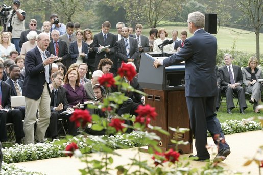 President George W. Bush listens to a reporter's question Tuesday, Oct. 4, 2005, during a news conference in the Rose Garden. The President touched upon a number of subjects including ongoing efforts in the wake of hurricanes Katrina and Rita, and his nomination of White House Counsel Harriet Miers to the U.S. Supreme Court. White House photo by Paul Morse