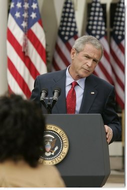 President Bush fields a question during a news conference in the Rose Garden Tuesday, Oct. 4, 2005.  White House photo by Paul Morse