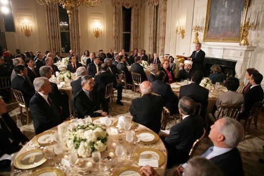 President George W. Bush addresses the Iftaar Dinner with Ambassadors and Muslim Leaders in the State Dining Room of the White House, Monday, Oct. 17, 2005. White House photo by Paul Morse