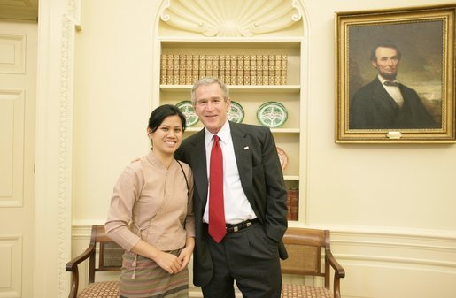 President George W. Bush welcomes activist Charm Tong of Burma to the Oval Office, Monday, Oct. 31, 2005, at the White House in Washington. White House photo by Eric Draper