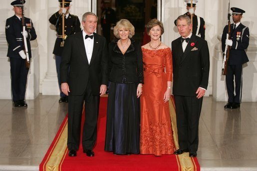 President George W. Bush and Laura Bush welcome the Prince of Wales and Duchess of Cornwall upon their arrival to the White House, Wednesday evening, Nov. 2, 2005. White House photo by Paul Morse