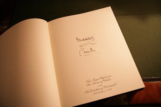 The signatures of the Prince of Wales and Duchess of Cornwall are seen in the official White House guest book, following their arrival for lunch at the White House, Wednesday, Nov. 2, 2005. White House photo by Krisanne Johnson