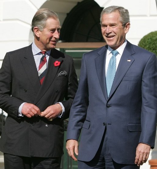 President George W. Bush and the Prince of Wales are seen together at the official welcome for the Prince and Duchess of Cornwall, at the White House, Wednesday, Nov. 2, 2005. White House photo by Paul Morse