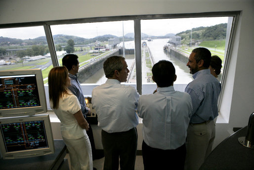 President George W. Bush tours the command center of the Panama Canal's Miraflores Locks with President Martin Torrijos of Panama in Panama City, Panama, Monday, Nov. 7, 2005. White House photo by Eric Draper