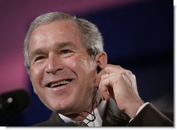 President George W. Bush reacts during a joint press availability with the President Martin Torrijos of Panama at Casa Amarilla in Panama City, Panama, Monday, Nov. 7, 2005. White House photo by Eric Draper