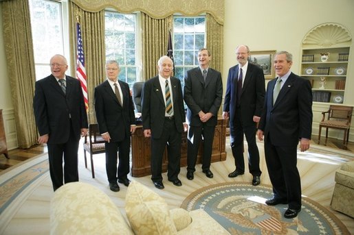 President George W. Bush meets with the 2005 Nobel Prize recipients, Tuesday, Nov. 8, 2005 in the Oval Office at the White House. From left to right are Dr. John Hall, 2005 Nobel Prize in Physics; Dr. Thomas C. Schelling, 2005 Nobel Prize in Economic Sciences; Dr. Roy J. Glauber, 2005 Nobel Prize in Physics; Dr. Richard R. Schrock and Dr. Robert H. Grubbs, 2005 Nobel Prize winners in Chemistry. White House photo by Paul Morse