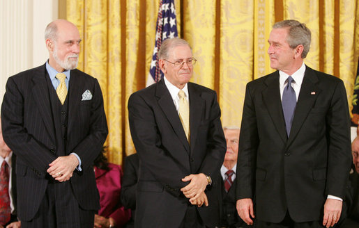 President George W. Bush stands with Presidential Medal of Freedom recipients, Vinton G. Cerf and Robert E. Kahn, Wednesday, Nov. 9, 2005, during ceremonies at the White House. Cerf and Kahn were honored for their work in helping to create the modern Internet. White House photo by Paul Morse