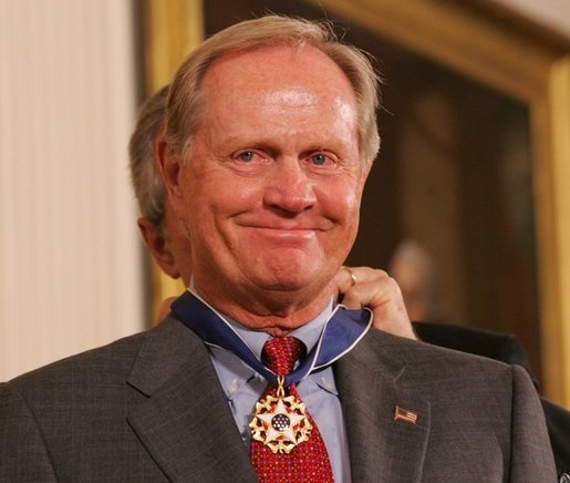 President Bush presents PGA champion Jack Nicklaus with the Presidential Medal of Freedom Wednesday, Nov. 9, 2005, during ceremonies at the White House. White House photo by Shealah Craighead