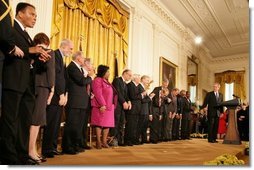 President George W. Bush introduces the 2005 recipients of the Presidential Medal of Freedom, Wednesday, Nov. 9, 2005 in the East Room of the White House.  White House photo by Shealah Craighead
