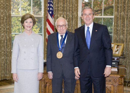President George W. Bush and Laura Bush stand with arts advocate Leonard Garment, recipient of the 2005 National Medal of Arts, in the Oval Office Thursday, Nov. 10, 2005. White House photo by Eric Draper