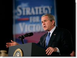 President George W. Bush gestures as he delivers remarks on the war on terror, Friday, Nov. 11, 2005 at the Tobyhanna Army Depot in Tobyhanna, Pa. White House photo by Eric Draper
