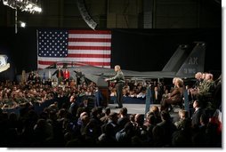President George W. Bush speaks on the War on Terror in Hangar One at Elmendorf Air Force Base Monday, Nov. 14, 2005, in Anchorage, Alaska, the first stop on the President’s trip to Asia.  White House photo by Paul Morse
