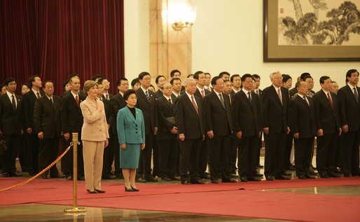Laura Bush and Madame Liu, wife of President Hu Jintao of China, participate in the welcoming ceremony for President and Mrs. Bush Sunday, Nov. 20, 2005, at the Great Hall of the People in Beijing. White House photo by Eric Draper