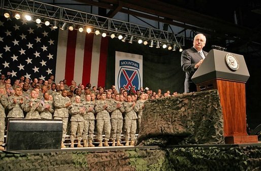 Vice President Dick Cheney visits troops at Fort Drum, N.Y., Tuesday, Dec. 6, 2005. "We're dealing with enemies that recognize no rule of warfare and accept for standard of morality. They have declared their intention to bring great harm to any nation that opposed their aims," said the Vice President in his remarks. "Their prime targets are the United States and the American people. And so we have a responsibility to lead in this fight. In the War on Terror we face a loose network of committed fanatics found in many countries, operating under different commanders. Yet the branches of the network share the same basic ideology and the same dark vision for the world." White House photo by David Bohrer
