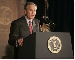 President George W. Bush addresses a meeting of the Council on Foreign Relations, Wednesday, Dec. 7, 2005 in Washington, speaking on the war on terror and the rebuilding of Iraq.  White House photo by Kimberlee Hewitt