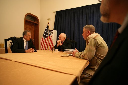 Vice President Cheney meets with US Ambassador to Iraq Zalmay Khalilzad, General George Casey and General John Abizaid in the Green Zone during a one-day surprise visit to Iraq, Sunday Dec. 18, 2005. White House photo by David Bohrer