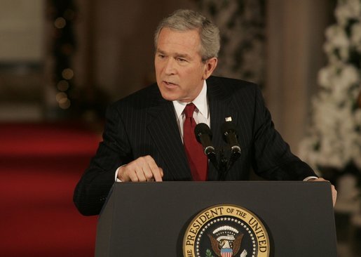 President George W. Bush emphasizes a point as he responds to a reporter's question Monday, Dec. 19, 2005, during a news conference in the East Room of the White House. White House photo by Kimberlee Hewitt